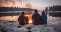 A Family\'s Winter Outing and Bonfire by the Frozen Lake