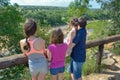 Family safari in Africa, parents and children watching river wildlife and nature, tourists travel in South Africa, Kruger park Royalty Free Stock Photo