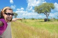 Family safari vacation in Africa, child in car watching elephant in african savannah, Kruger park wildlife