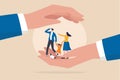 Family safety  life insurance or protection concept  lovely family holding hands  parent with daughter and cute little dog in Royalty Free Stock Photo