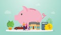 Family savings financial management plan with piggy bank and small family parents with modern flat style - vector