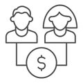 Family savings thin line icon. Male and female with dollar coin symbol, outline style pictogram on white background Royalty Free Stock Photo