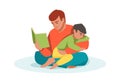 Family scene. Cartoon father reading book to son. Man sitting in lotus pose and hugging boy. Kid in dad's embrace Royalty Free Stock Photo