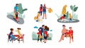 Family scenes. Happy parents and children trendy cartoon characters spending time together at home and outdoor. Vector