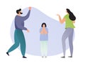 Family scolding on their child, vector illustration. Cartoon mother, father and child on white background, man, woman Royalty Free Stock Photo