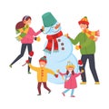 Family sculpts snowman. Merry Christmas and Happy New Year. Xmas Poster, banner, printed products, greeting card. Vector