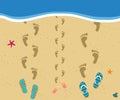 Family at the sea. Top view of three footprints path at sandy beach Royalty Free Stock Photo