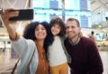 Family selfie, airport and girl with parents for travel, diversity and interracial bonding with smile. Man, happy black