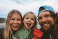 Family selfie parents with child outdoor mother and father with daughter