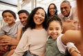 Family, selfie portrait and grandparents and children on sofa for happy holiday, love and relax together at home