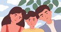 Family selfie portrait of mother, father and child. Dad, mom and son on nature background. Colored flat vector