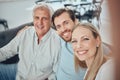 Family, selfie and relax on sofa in living room, bonding and smiling. Care, love and portrait of grandfather, woman and Royalty Free Stock Photo