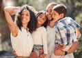 Family selfie with smartphone in a park or nature for outdoor summer wellness, hiking and happy holiday memory on mobile Royalty Free Stock Photo