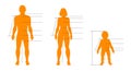 Family set of human bodies with pointers and indicators for medical, sport and fashion infographics. Vector isolated template with Royalty Free Stock Photo