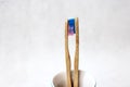 A family set of wooden bamboo toothbrushes on white background