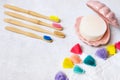 A family set of wooden bamboo toothbrushes on white background Royalty Free Stock Photo