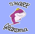 Family sharks. Grandma shark. In a straw hat with flowers. Cute cartoon purple character with eyeglasses of sea animals. Print for