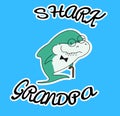 Family sharks. Grandpa shark with cane and bow tie. Cute cartoon green character with eyeglasses of sea animals. Print for clothes