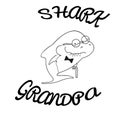 Family sharks. Grandpa shark with cane and bow tie. Cute cartoon outline of sea animals. Print for clothes or for