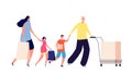Family on shopping. Beauty people, couple with shop cart. Flat happy customers. Isolated woman, kids and man with bags