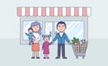 Family Shopping Concept. Father With Trolley With Food Holding Daughter s Hand, Mother Is Holding The Baby In the Arms