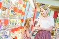 Family shopping dairy food in grocery store or supermarket