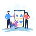 Family shopping online vector illustration concept, Family shopping concept. parents and children with purchases on cart, Shopping
