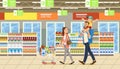 Family shopping in supermarket with product cart. Fun cartoon characters. Parents and child at shop