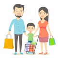 Family shopping together, cartoon illustration parents child shopping bags cart. Happy family Royalty Free Stock Photo