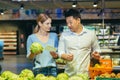 Family shopping. Young beautiful international couple shopping together in a supermarket Royalty Free Stock Photo