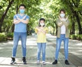 Family showing no sign gesture and wearing mask during coronavirus emergency