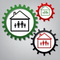 Family sign illustration. Vector. Three connected gears with icons at grayish background.. Illustration.
