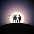 Family silhouette. Child and dying parent. Death, afterlife. Full moon