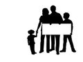 Family silhouette holds banner placard blank white sheet for text space