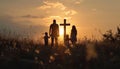 Family silhouette standing together by a christian cross, palm sunday sunset image Royalty Free Stock Photo