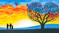 Family silhouette stands beneath a whimsical tree with heart-shaped foliage against sunset Royalty Free Stock Photo