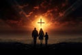 a family silhouette walking towards a cross. jesus redemption. Royalty Free Stock Photo