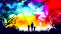 Family silhouetted against colorful sky with trees in the foreground. Generative AI Royalty Free Stock Photo