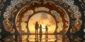 Family silhouetted against a sunset through an ornate arch, reflecting on water. Card for an Islamic holiday. Royalty Free Stock Photo