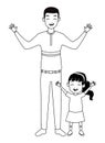 Family single father with little daughter cartoon in black and white