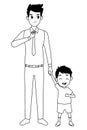 Family Single father with little kid cartoon in black and white