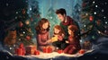 A family is sitting around a christmas tree with presents, AI Royalty Free Stock Photo