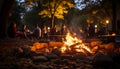 Family sitting around a glowing campfire, cooking together generated by AI