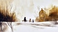 Family sitting on bench in snowy cityscape during winter