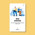 Family Sitting On Bus Station Wait Vehicle Vector