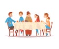 Family Sitting at Kitchen Table, Drinking Tea and Talking to Each Other, Happy Parents, Grandmother and Children Eating
