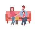 Family sitting on sofa, spend free time, weekends or evening at home or wait to visit a doctor. Vector Illustration for printing,