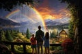 Family sitting at table looking at rainbow over mountain range against cloudy sky, A family viewing a rainbow after a downpour, AI