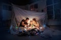 Family sitting in a teepee, reading stories with the flashlight Royalty Free Stock Photo