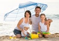 Family sitting under umbrella on the beach Royalty Free Stock Photo